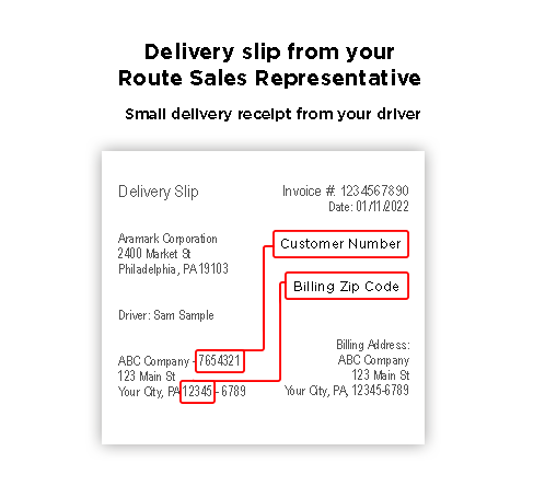 Customer number can be found on your delivery receipt next to the company name. Billing zipcode can be found on your delivery receipt in the address